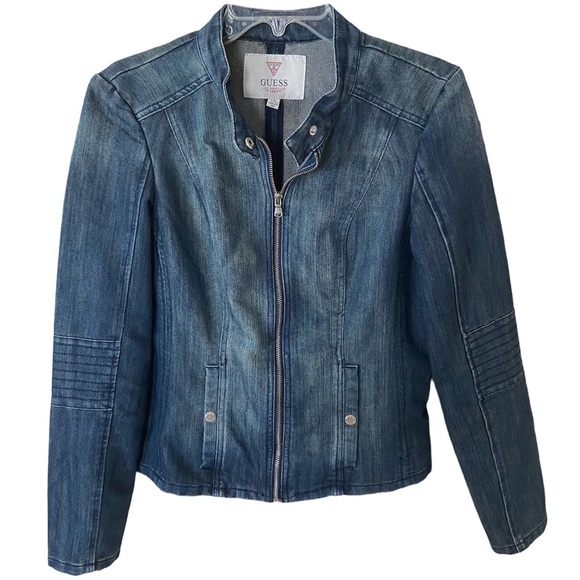 Guess motor jacket jeans style size L, dark wash, snaps, zipper great condition - Picture 1 of 7